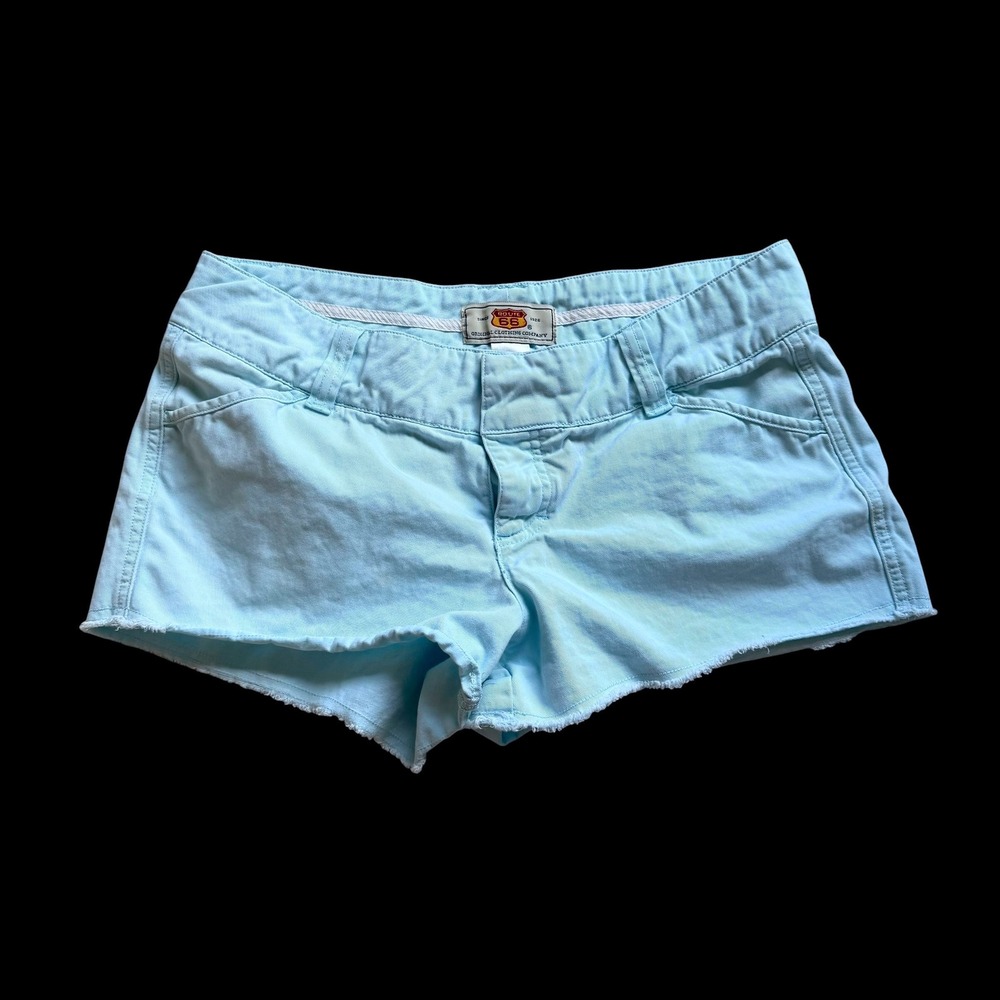Y2K Route 66 Light Blue Low Rise Micro Raw Hem Chino Shorts Size 10 Cotton